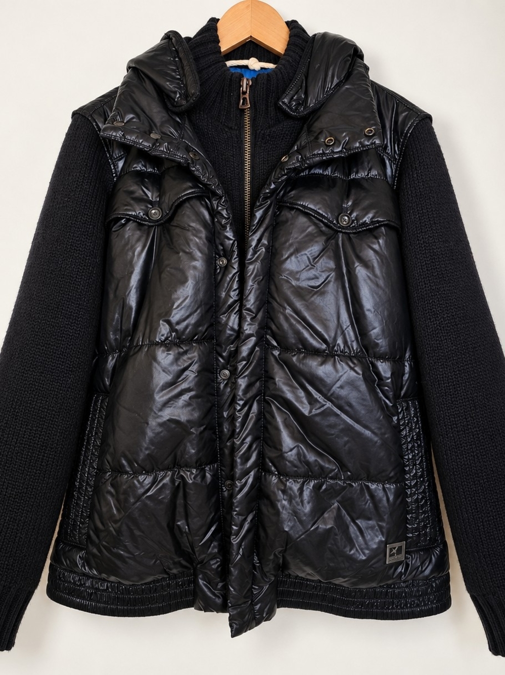 Mens BOSS orange OJIMMY Black Quilted Puffer Jacket with Knit Sleeves